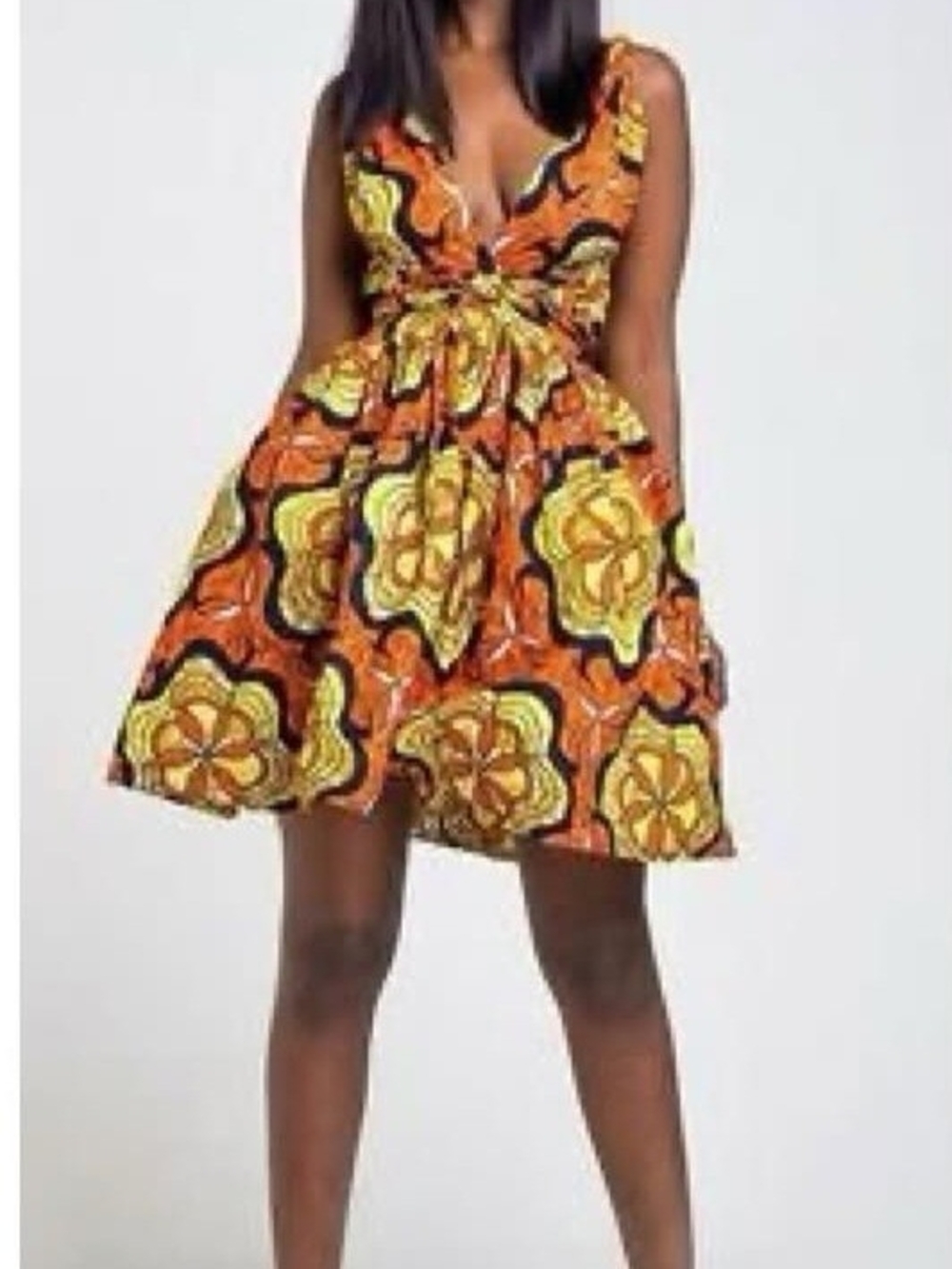 NWT OFUURE Sleeveless V-Neck Orange & Yellow Floral Fit-and-Flare Halter Dress